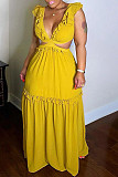 Sexy V Neck Ruffle Sleeveless Flared Tie Waist Split Cocktail Party Midi Dress BN-93351