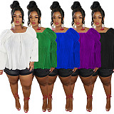 Casual Women Solid Color Round Neck Bubble Sleeves Plus Size Tops WY-7098