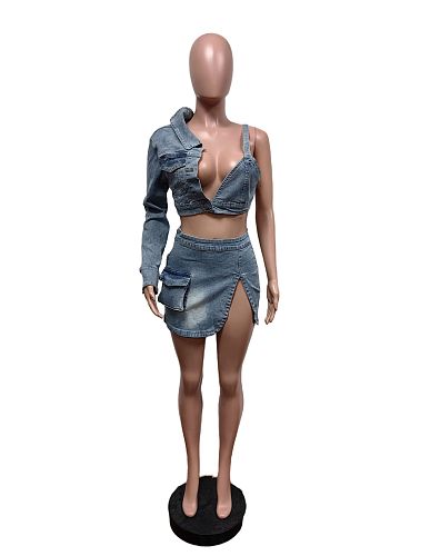 Sexy Women Single Sleeve Backless Split Mini Skirt Denim Sets MEM-88559