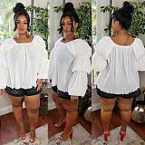 Casual Women Solid Color Round Neck Bubble Sleeves Plus Size Tops WY-7098