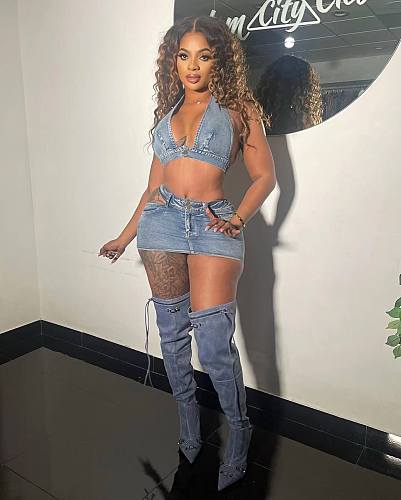 Sexy Backless Halter Crop Top And Hollow-out Mini Skirt Denim Sets NIYA-8165