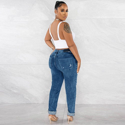Ripped Holes Mid Waist Skinny Denim Pencil Pants CH-23049