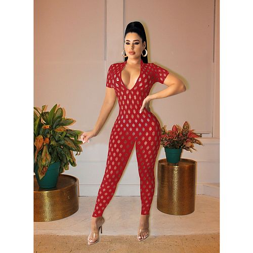 Hole Fishnet Short Sleeve See Through Jumpsuit YB-60188