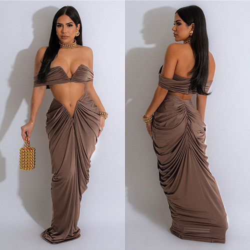 2024 Sexy Strapless Crop Top And Plicated Long Skirt 2 Pieces Set BY-6822