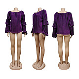 Casual Women Solid Color Round Neck Bubble Sleeves Plus Size Tops WY-7098