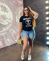 Women’s Round Neck Letter Printed Black T-shirt BANM-9087