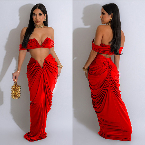 2024 Sexy Strapless Crop Top And Plicated Long Skirt 2 Pieces Set BY-6822