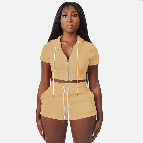 Women Outfits Summer Clothes Short Sleeve Hooded Jacket+shorts Two Piece Sets CH-8210