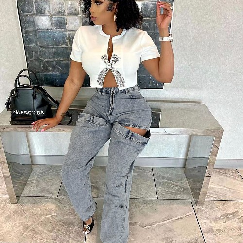 2024 NEW Women Elastic Hollow-out Casual Jeans TK-6309