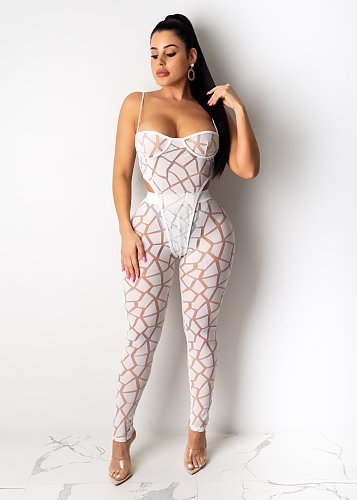 Sexy Straps Mesh Sheer Bodysuit with Skinny Pants 2 Pieces Set AIL-079