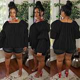 Casual Women Solid Color Round Neck Bubble Sleeves Plus Size Tops WY-7098