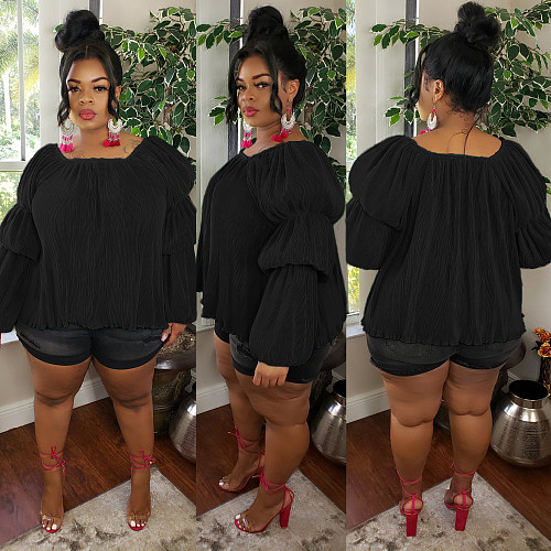Casual Women Solid Color Round Neck Bubble Sleeves Plus Size Tops WY-7098