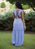 Sexy V Neck Ruffle Sleeveless Flared Tie Waist Split Cocktail Party Midi Dress BN-93351