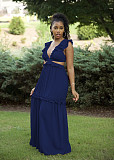 Sexy V Neck Ruffle Sleeveless Flared Tie Waist Split Cocktail Party Midi Dress BN-93351