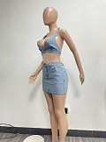 Sexy Backless Halter Crop Top And Hollow-out Mini Skirt Denim Sets NIYA-8165