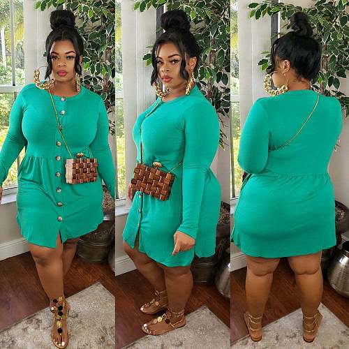 Casual Women Round Neck Buttons Cardigan Large Size Dresses WY-7096