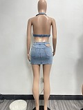 Sexy Backless Halter Crop Top And Hollow-out Mini Skirt Denim Sets NIYA-8165