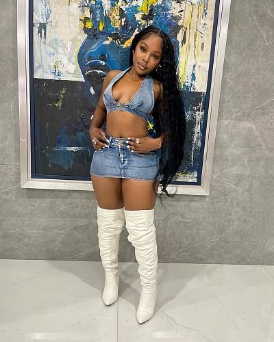 Sexy Backless Halter Crop Top And Hollow-out Mini Skirt Denim Sets NIYA-8165