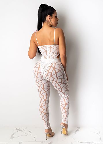 Sexy Straps Mesh Sheer Bodysuit with Skinny Pants 2 Pieces Set AIL-079