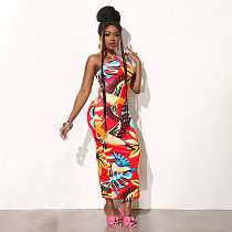 Women Fashion Printed Halter Sleeveless Bodycon Maxi Dress WDS-240319