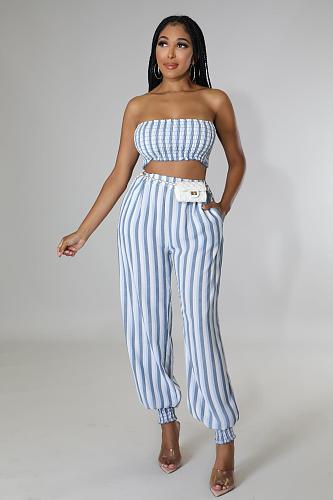 Women's Striped Print Sexy Chest Wrap Crop Top And Pants Two-piece Set BS-1363