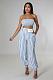 Women's Striped Print Sexy Chest Wrap Crop Top And Pants Two-piece Set BS-1363