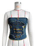 Sexy Strapless Embroidery Zipper Back Strech Denim Tops CH-88017