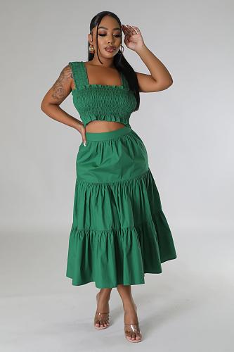 Fashion Girls Sleeveless Solid Color Pockets Long Skirts 2 Pieces Sets BS-1364