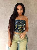 Sexy Strapless Embroidery Zipper Back Strech Denim Tops CH-88017