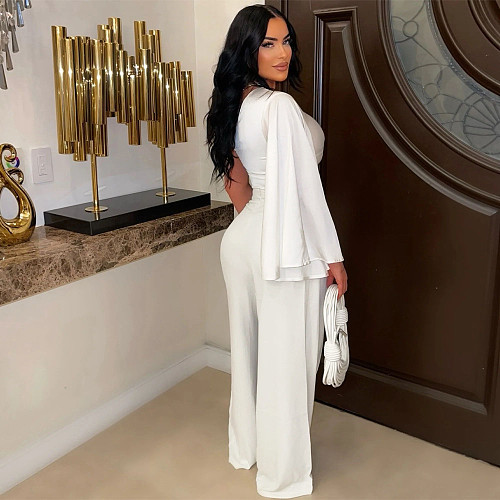 Sexy Women's One Shoulder Folds Solid Color Long Pants Sets 2 Pieces YF-10741