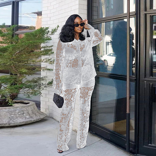 Sexy Transparent Lace Turndown Collar Long Pants Two Pieces Sets YF-10735