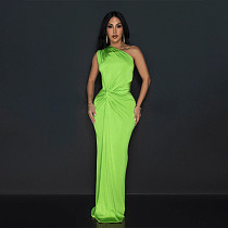 Sexy Women Oblique Shoulder Sleeveless Solid Color Slim Long Dresses YF-10742