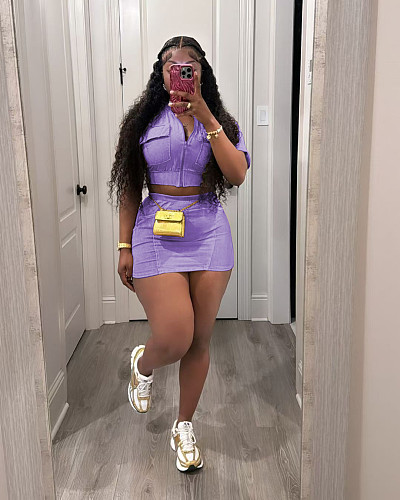 Casual Women Solid Color Patchwork Zipper Cardigan Short Skirts 2 Pieces Sets TR-1312