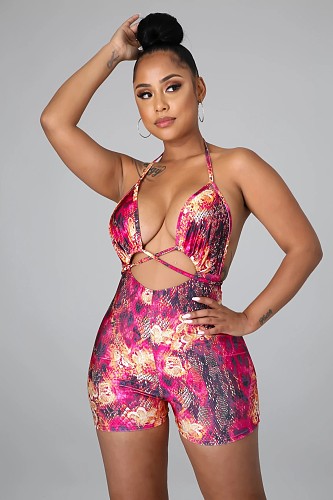 Hot Sexy Backless Halter Print Lace-up Slim Rompers LSL-6439