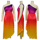 Fashion Printed Ladies Oblique Shoulder Ruffles Long Dresses YF-10753