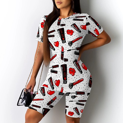 Fashion Printed Round Neck Short Sleeves Women Plus Size Shorts Sets 2 Pieces FNN-8014