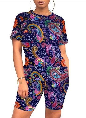 Women's Printed Round Neck Short Sleeves Large Size Shorts 2 Pieces Sets FNN-8004