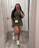 Casual Women Solid Color Patchwork Zipper Cardigan Short Skirts 2 Pieces Sets TR-1312