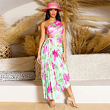 Fashion Printed Ladies Oblique Shoulder Ruffles Long Dresses YF-10753