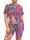 Women's Printed Round Neck Short Sleeves Large Size Shorts 2 Pieces Sets FNN-8004