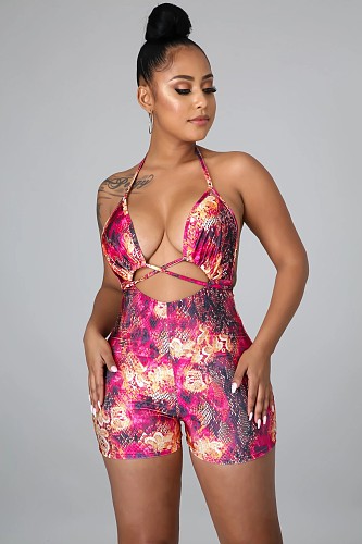 Hot Sexy Backless Halter Print Lace-up Slim Rompers LSL-6439