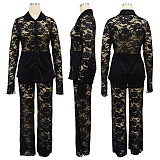 Sexy Transparent Lace Turndown Collar Long Pants Two Pieces Sets YF-10735