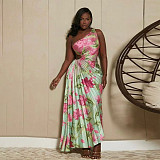 Fashion Printed Ladies Oblique Shoulder Ruffles Long Dresses YF-10753