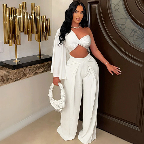 Sexy Women's One Shoulder Folds Solid Color Long Pants Sets 2 Pieces YF-10741