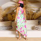 Fashion Printed Ladies Oblique Shoulder Ruffles Long Dresses YF-10753