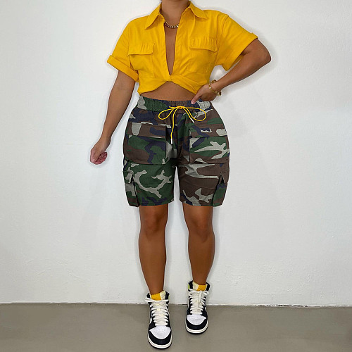 Camo Print High Waist Loose Pockets Cargo Shorts CH-23036