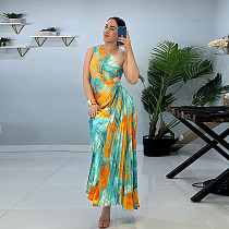 Fashion Printed Ladies Oblique Shoulder Ruffles Long Dresses YF-10753