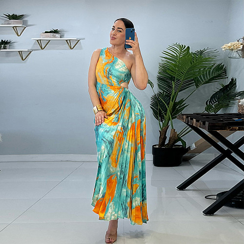 Fashion Printed Ladies Oblique Shoulder Ruffles Long Dresses YF-10753