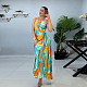 Fashion Printed Ladies Oblique Shoulder Ruffles Long Dresses YF-10753
