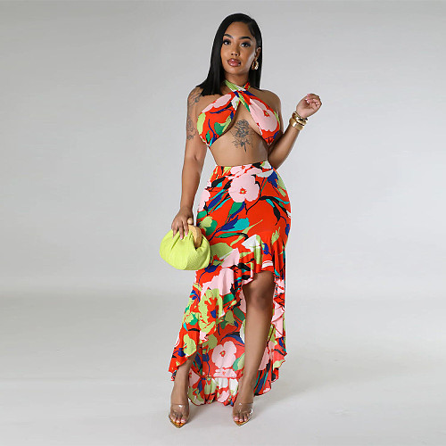 Sexy Printed Women Strapless Flounced Split Summer Long Skirt 2 Pieces Set YF-10731